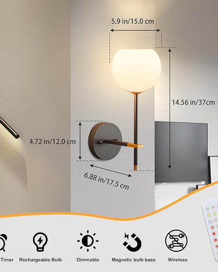 Black Gold Battery Operated Wall Sconces Set of 2, Rechargeable Wireless Wall Lights with Milky White Frosted Glass, 12 RGB and 3CCT Dimmable, Wall Lamps with Remote for Bedroom Living Room Hallway