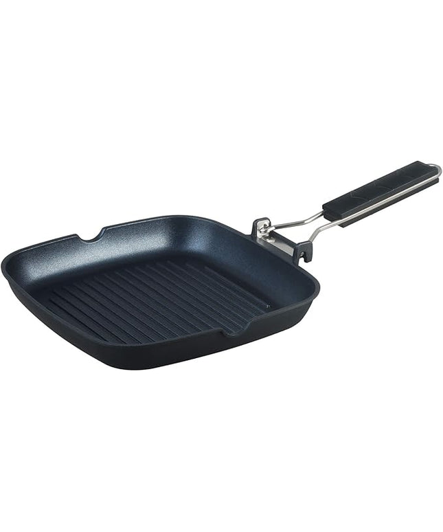 SKITCHN Grill Pan With Folding Handle, Nonstick for Stove Tops, Induction Compatible KBBQ With Pour Spouts, Indoor Square BBQ Grilling - 9IN