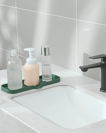 Silicone Bathroom Soap Dishes with Drain Spout-Bathroom and Kitchen Sink Organizer,Sponge Holder,Dish Soap Tray,Perfect for Dispenser,Scrubber,Bottle,Cup on Sink or Counter-Green 12"×4"
