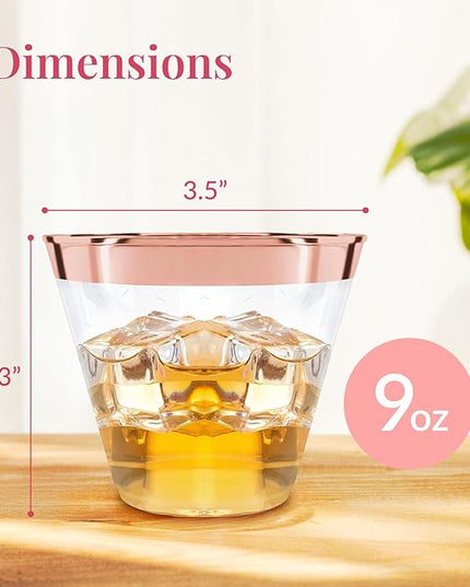 Prestee 100 Rose Gold Plastic Cups - Rose Gold Plastic Cups 9 oz - Party Decorations - Disposable Wine Cup - Clear Cup - Bulk Party Wine Glasses