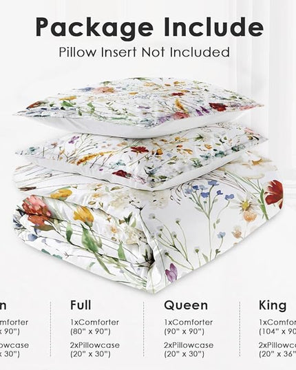 Full Size Comforter Set with 2 Pillowcases, Wildflower Flower Floral 3 Pcs Bedding for Kids and Adults, Boho Watercolor Butterfly Soft Comforter Set for Bedroom Bed Decor