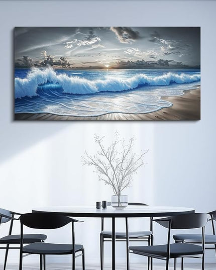 PHAOHUAXM Large Canvas Wall Decor For Living Room Wall Art For Bedroom Office Dining room Decor Modern Black White And Blue Ocean Wave Painting Printed Artworks Wall Pictures Home Decor 24"X48"