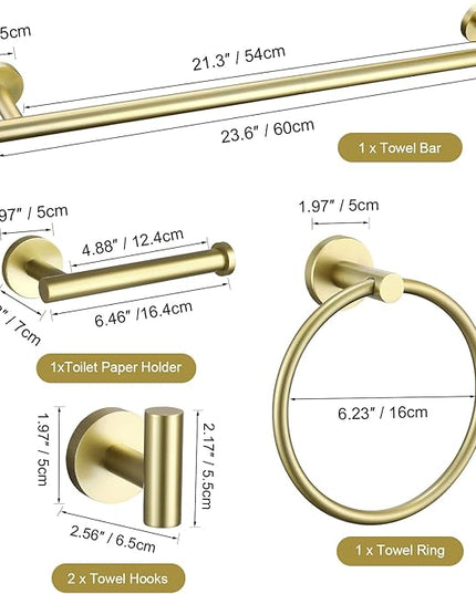 TURS Brushed Gold Bathroom Hardware Set 5 Piece, SUS304 Stainless Steel Bath Towel Bar Set, 24 Inch Bathroom Accessories Kit Wall Mounted