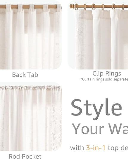 jinchan Winslow Linen Curtains for Bedroom 96 Inches Length Embroidered Bordered Floral Curtains for Living Room Farmhouse Decor Light Filtering Window Treatments White on White Drapes 2 Panels