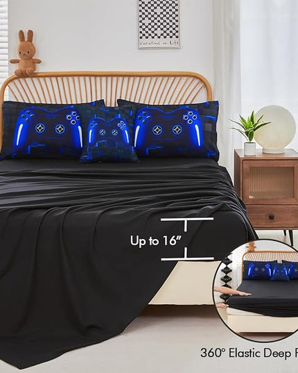 PERFEMET 6 Pieces Kids Game Comforter Set Full Size Blue Gamer Bedding Set for Boys Teen 3D Cool Black Video Gaming Bed in A Bag with Sheets(Blue, Full)