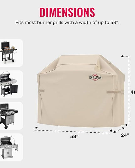 Grillman Grill Cover, BBQ Outdoor Grill Covers, Charcoal, Gas Grills, Waterproof, Rip-Proof, Weather-Resistant, Anti-UV, Barbecue Cover for Weber, Genesis, Charbroil, Nexgrill, etc (Tan, 58 Inch)
