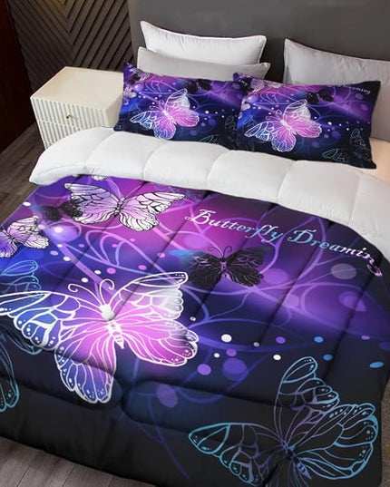 Sunnycitron 3D Purple Butterfly Bedding Twin Comforter Set Dreamy Butterfly Comforter Set for Girls and Women, Soft, Breathable, Fade Resistant 3 Piece- Includes 1 Comforter and 2 Pillowcase