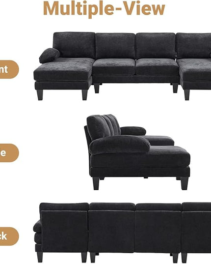 VINGLI 110" Sectional Couches for Living Room,U Shaped Couch with Double Chaise, 4-Seat Sofa Set with Chenille Fabric for Home Furniture,Black