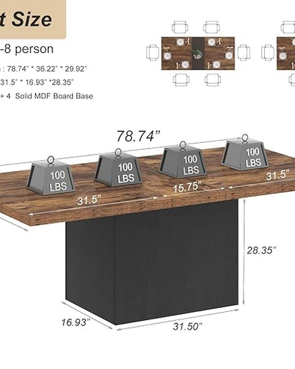 HSH 78” Dinner Table for 6 to 8, Large Wood Rectangular Dining Table, Rustic Kitchen Table only with Black Strong Base, Industrial Dining Room Table for Home Gathering Office, Rustic Brown, 78.74 in