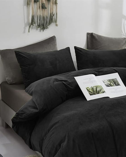 Houseri Black Velvet Comforter Set - Full Size, Fluffy Bedding Sets with Fuzzy Comforter, Sherpa Comforter, Soft Warm Comfy Flannel Comforters