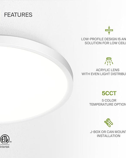 ASD LED 12" Round Flush Mount Ceiling Light Fixture, Low Profile Surface Lighting | 5CCT, Dimmable, Ultra-Thin, ETL Listed | 24W 1900LM 2700-6000K 120V | Kitchen, Hallway Lamp | White, 12 Pack