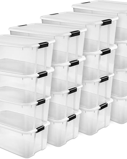 Sterilite 16-Pack Ultra Latching Box, Storage Bins with Lids, Clear Plastic, 116 Quart - Heavy-Duty Organizing Containers for Closet, Bathroom, and Office