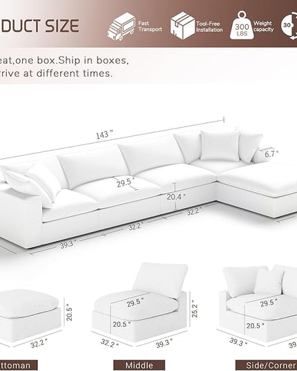 Cloud Modular Sectional Sofa,143" Down Filled Sofa 4 Seat with Chaise,Minimalist Sofa Cover Washable and Replaceable Couches for Living Room,Sectional Sofa Deep Seat White