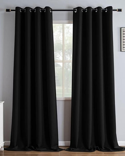 Black Blackout Curtains 90 Inch Length 2 Panels Set, Black Out Curtains for Bedroom 90 Inch Long, Grommet Energy Saving Room Darkening Drapes for Living Room Window(W52 x L90)
