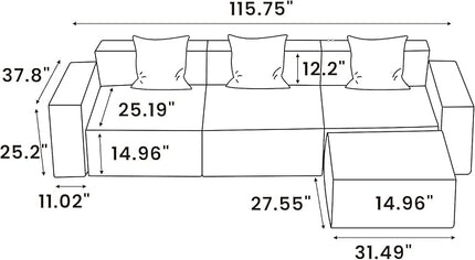POVISON 115" Modular Sectional Sofa for Living Room Modern Large Sectional Couche Velvet L Shaped Deep Seat Sofa Set 3 Seats with Reversible Ottoman Oversized Big Comfy Cloud Couch for House Office