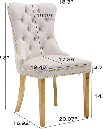 SoarFlash Velvet Dining Chair Set of 4, Upholstered Tufted Dining Room Chair with Nailhead Trim, Solid Gold Plated Leg for Kitchen (Beige)