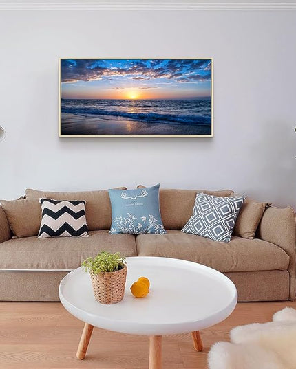 Natural Wood Framed Canvas Wall Art For Living Room Large Size Wall Decor For Office Bedroom Decorations Blue Sea Beach Pictures Artwork Sunny Ocean Wall Painting Home Decor 20" X 40"