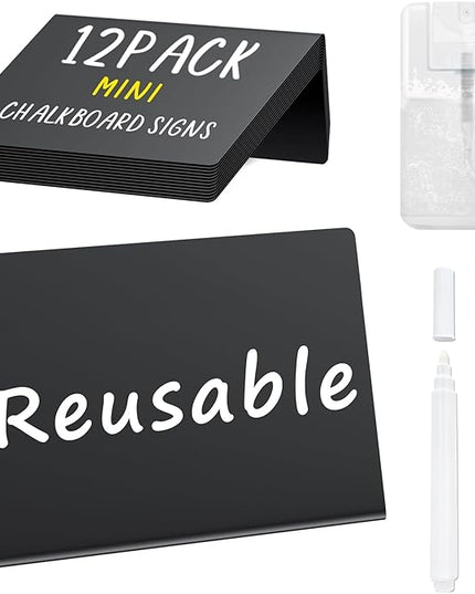 PigPotParty 12 Pcs Food Labels for Party Buffet w/Cleaning Spray, 4"x3" Mini Chalkboard Signs for Food Display, Table Place Cards - Name Tags- Small Chalk Board Signs, w/ 2 Markers