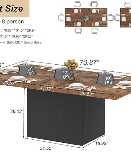 HSH Dining Table for 6 to 8, 71” Wood Rectangular Dinner Table, 6 ft Industrial Kitchen Table only with Black Pedestal, Modern Large Dining Room Table for Home Gathering Office, Rustic Brown, 71 Inch