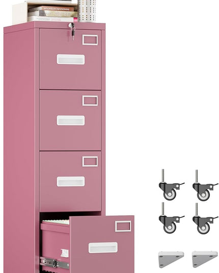 METAN 4 Drawer File Cabinet on Wheels, Lockable Metal Filing Cabinet with Handle and Name Card for Office Home,Assembly Required,Pink