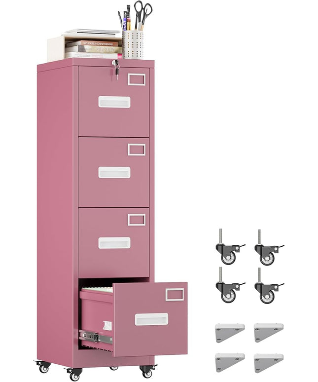 METAN 4 Drawer File Cabinet on Wheels, Lockable Metal Filing Cabinet with Handle and Name Card for Office Home,Assembly Required,Pink