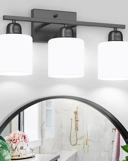 3-Light Bathroom Light Fixtures, Black Bathroom Vanity Lights with Milky White Frosted Glass Shades, Black Vanity Light for Bathroom Mirror, Bedroom, Living Room, Vanity Table, E26 Base