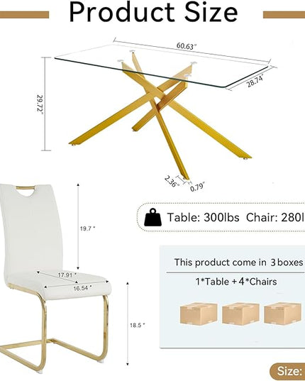 5 Piece Glass Dining Table Set, Glass Kitchen Dining Room Table Set for 4, 61" Modern Rectangular Gold Glass Metal Dining Table with 4 White PU Leather Dining Chairs for Kitchen Dining Room