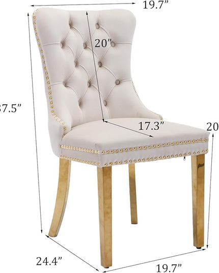 SoarFlash Velvet Dining Chair Set of 2, Upholstered Tufted Dining Room Chair with Nailhead Trim, Solid Gold Plated Leg for Kitchen (Beige)