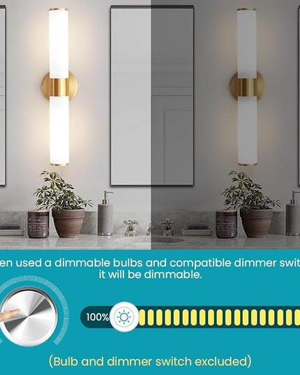 Gold Bathroom Light Fixtures, Vanity Lights for Mirror with Milk Glass Shade, 20 Inch Up and Down Wall Sconces for Bathroom Bedroom Living Room Hallway - Bulb Not Included
