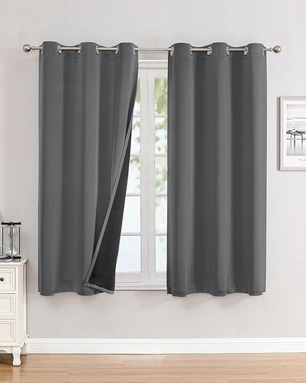 ChrisDowa 100% Blackout Curtains for Bedroom with Black Liner, 2 Thick Layers Total Blackout Thermal Insulated Grommet Small Window Curtains 2 Panels Set (Grey, 42 x 54 Inch)