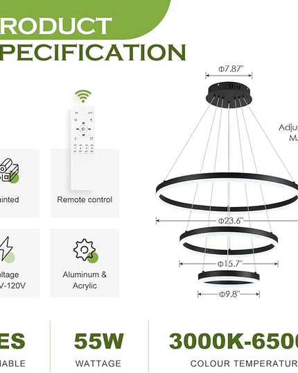3-Rings D23.6 Modern LED Chandelier Black Dimmable Pendant Lighting with Remote Control Circular Flush Mount High Ceiling Light for Dining Room Living Room Bedroom Entrance Foyer, 3000K-6500K