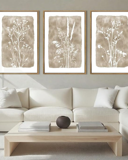 ANHUIB Extra Large Beige Floral Wall Art 24x36 Inch Neutral Floral Wall Decor Vintage Flower Artwork for Living Room Bedroom Office Set of 3