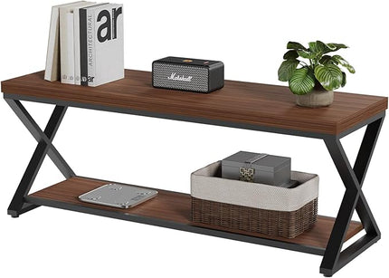 IBF Wood Entryway Bench Indoor, Industrial Wooden Metal Entry Shoe Storage Bench in Bedroom, Farmhouse Hallway Shoe Rack Bench Seating for Foyer Living Dining Room End of Bed, Walnut, 47 Inch
