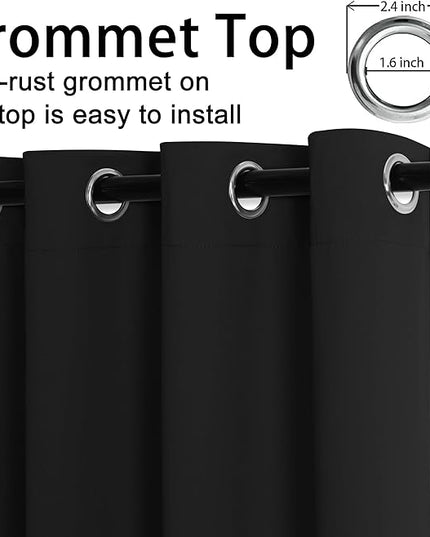JIUZHEN Black Blackout Curtains with Tiebacks - Thermal Insulated, Light Blocking and Noise Reducing Grommet Curtains for Bedroom and Living Room, Set of 2 Window Curtain Panels, 42 x 72 Inch Length