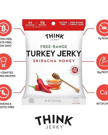 Think Jerky Sriracha Honey Turkey Jerky, High Protein Free-Range Turkey, Gluten Free, No Antibiotics or Nitrates, Healthy Chef Crafted Recipe, Low Calorie and Low Fat - 2.2 oz Bags, 4 Pack