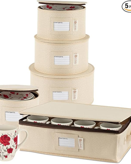 Hard Shell China Storage Containers 5-Piece Set Moving Boxes for Dinnerware, Glasses, Plates, Mugs and Saucers Sturdy Dish Organizer with Dividers for Seasonal Storage - Service for 12 - Beige