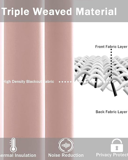JIUZHEN Blackout Curtains with Tiebacks - Thermal Insulated, Light Blocking and Noise Reducing Grommet Curtain Drapes for Bedroom and Living Room, Set of 2 Panels, 42 x 45 Inch Length, Blush Pink