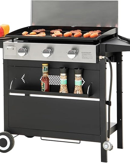 Sophia & William 28-Inch Flat Top Grill with Ceramic Coated Cast Iron Griddle, 3-Burner Propane Gas BBQ Griddle, Portable Outdoor Barbecue Grill,33,000 BTU,Black