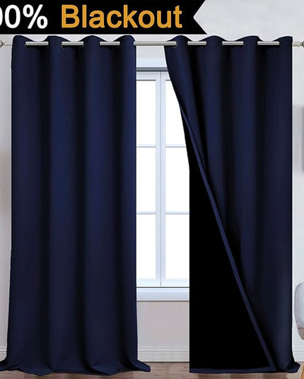 Yakamok 100% Blackout Curtains Energy Saving Thermal Insulated 2 Thick Layers Completely Blackout Drapes with Black Liner for Bedroom (52Wx108L, Navy Blue, 2 Panels)