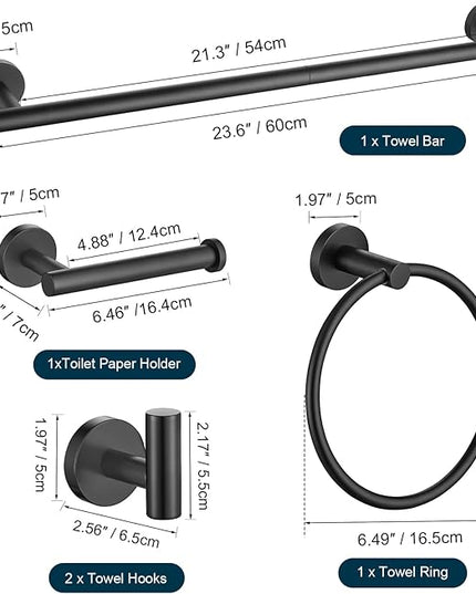 TURS Matte Black Bathroom Hardware Set 5 Piece, SUS304 Stainless Steel Bath Towel Bar Set, 24 Inch Bathroom Accessories Kit Wall Mounted