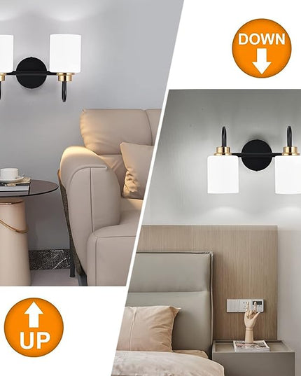 Modern Matte Black and Gold Bathroom Vanity Light Fixtures 2 Lights Milky Glass Wall Sconce Light Modern Vanity Lights Over Mirror(Exclude E26 Bulb)