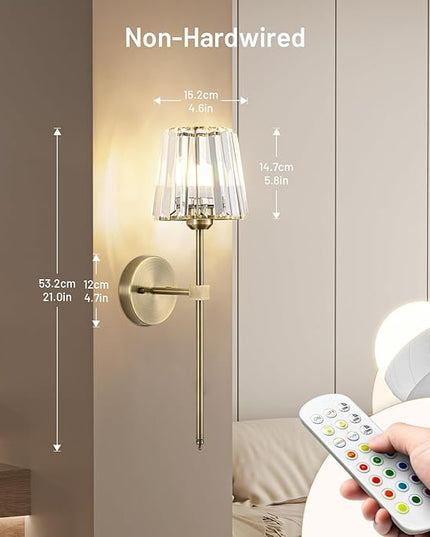 Crystal Battery Operated Wall Sconces Set of 2, Brass Rechargeable Wireless Wall Lights with Crystal Lampshade, 12 RGB and 3CCT Dimmable Wall Lamp with Remote for Bedroom Living Room Hallway
