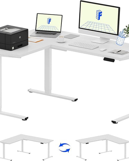 FLEXISPOT 63 x 47 Inch 3-Leg L Shaped Standing Desk, Electric Height Adjustable Sit Stand Corner Desk, Computer Workstation with Preset Controller for Home Office, White Frame with White Top