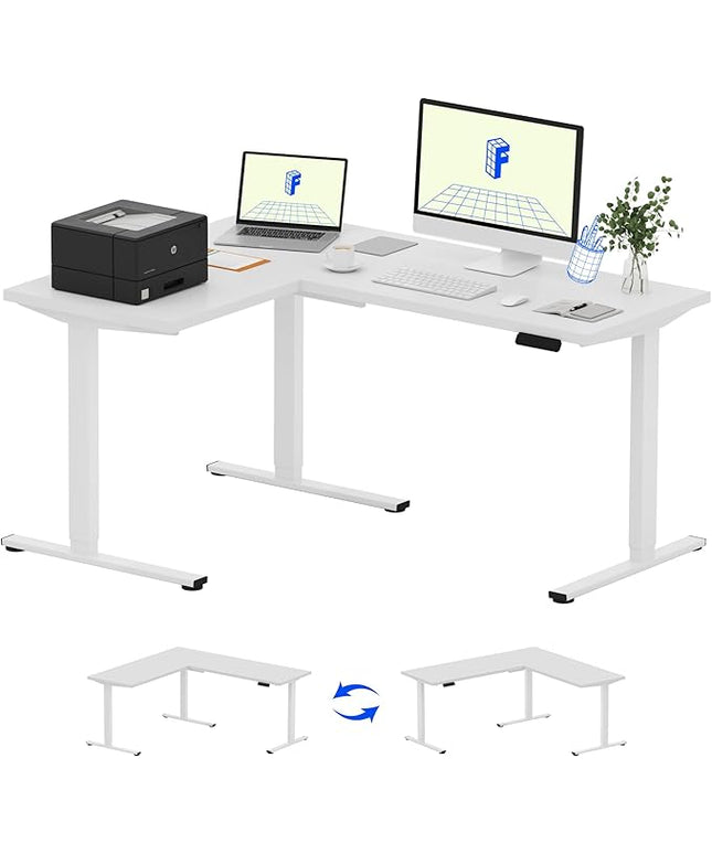 FLEXISPOT 63 x 47 Inch 3-Leg L Shaped Standing Desk, Electric Height Adjustable Sit Stand Corner Desk, Computer Workstation with Preset Controller for Home Office, White Frame with White Top