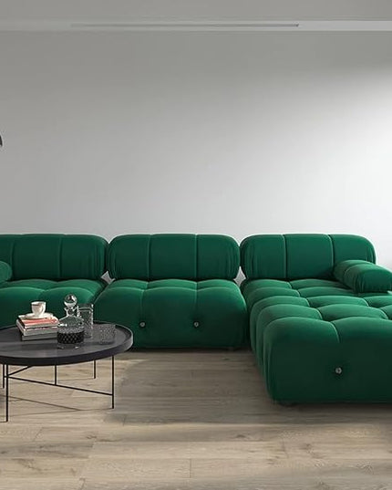 JACH 104" Modular Sofa Sectional Couch, L-Shaped Minimalist Velvet Couches, Mid-Century Comfy Couch with Reversible Chaise Ottoman for Living Room, Apartment (Green)