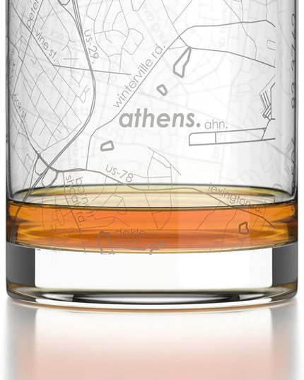 Well Told Engraved Athens Georgia Map Rocks Glass, Old Fashioned Glassware (11 oz, Clear) Etched Bourbon Tumbler, Gifts For Whiskey Lovers