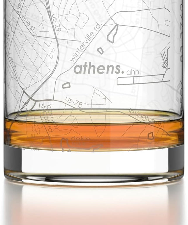Well Told Engraved Athens Georgia Map Rocks Glass, Old Fashioned Glassware (11 oz, Clear) Etched Bourbon Tumbler, Gifts For Whiskey Lovers