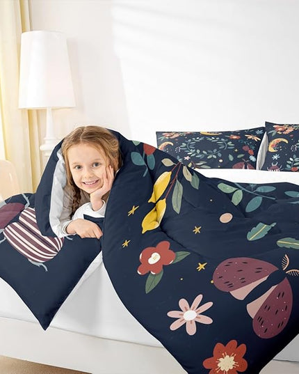 Sun Moon Comforter Set Full Size,Starry Sky Galaxy Trippy Boho Bedding Set,Boys Girls Adults Room Decor,Flowers Leaves Wildlifes Rustic Down Comforter,Colorful Country Duvet Insert,2 Pillowcases