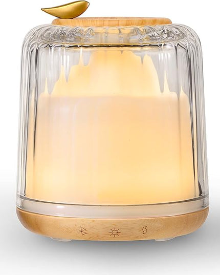 Essential Oil Diffusers, Glass and Real Wood Base Ultrasonic Aromatherapy Diffuser Aroma Defusers for Home Large Room 230ml with Bluetooth Speaker Music Player Colorful Led Light