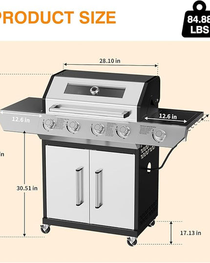 4 Led Burner Propane Gas Grill with Side Burner & & Visual Glass, Stainless Steel Gas Grill with Enameled Cast Iron Grates, 60,000 BTUs Output for Outdoor Cooking and Patio Backyard Barbecue